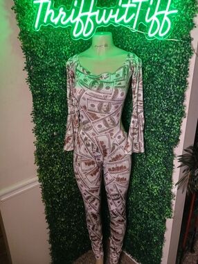 Money-Print Long Sleeve Jumpsuit - White/Brown